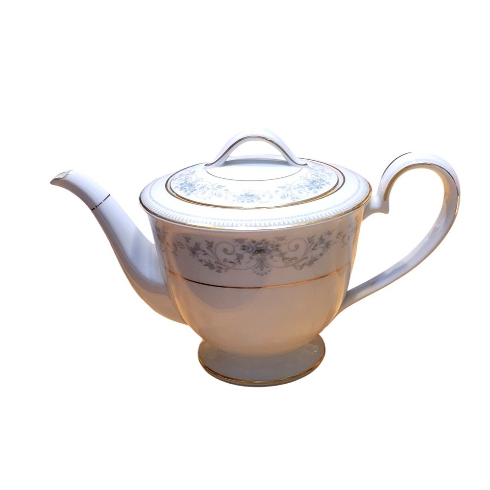 Noritake Noble 2600 White Porcelain Teapot Gold Trim Floral Design Japan